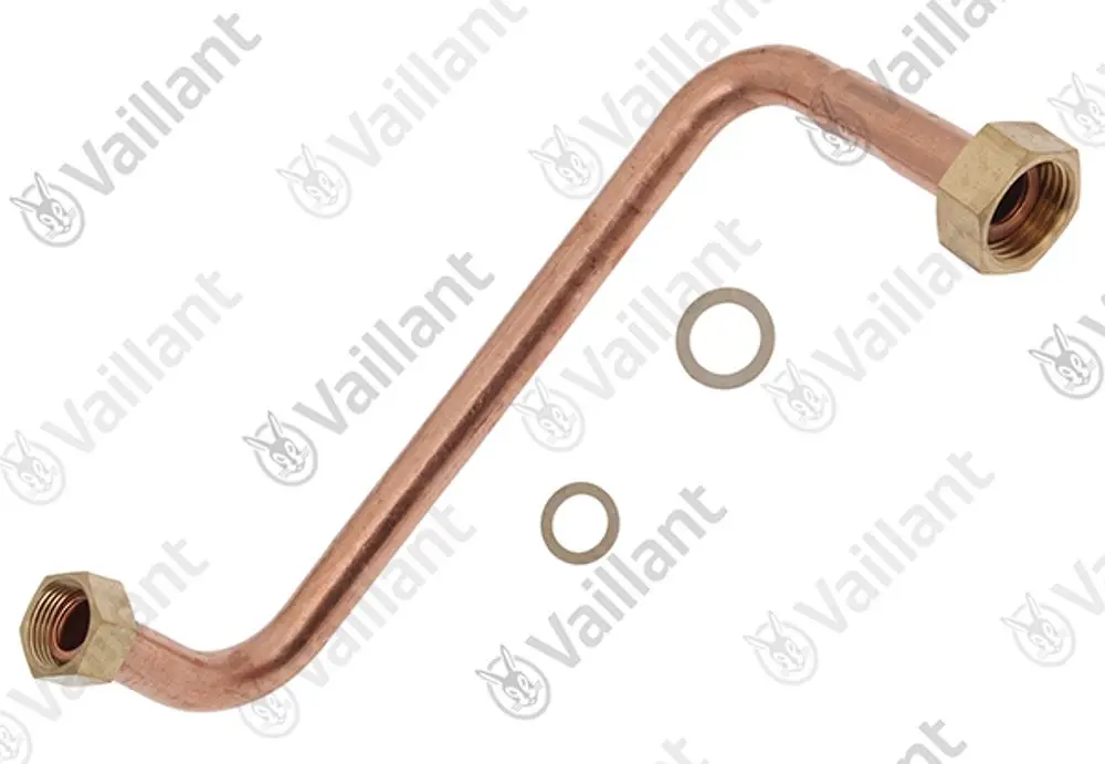 Kupferrohr mit zwei Gewindeanschlüssen und O-Ringen, hergestellt von Vaillant, gestaltet für Rohrverbindungen in Heizsystemen.